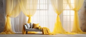 White and yellow textured tulle curtains